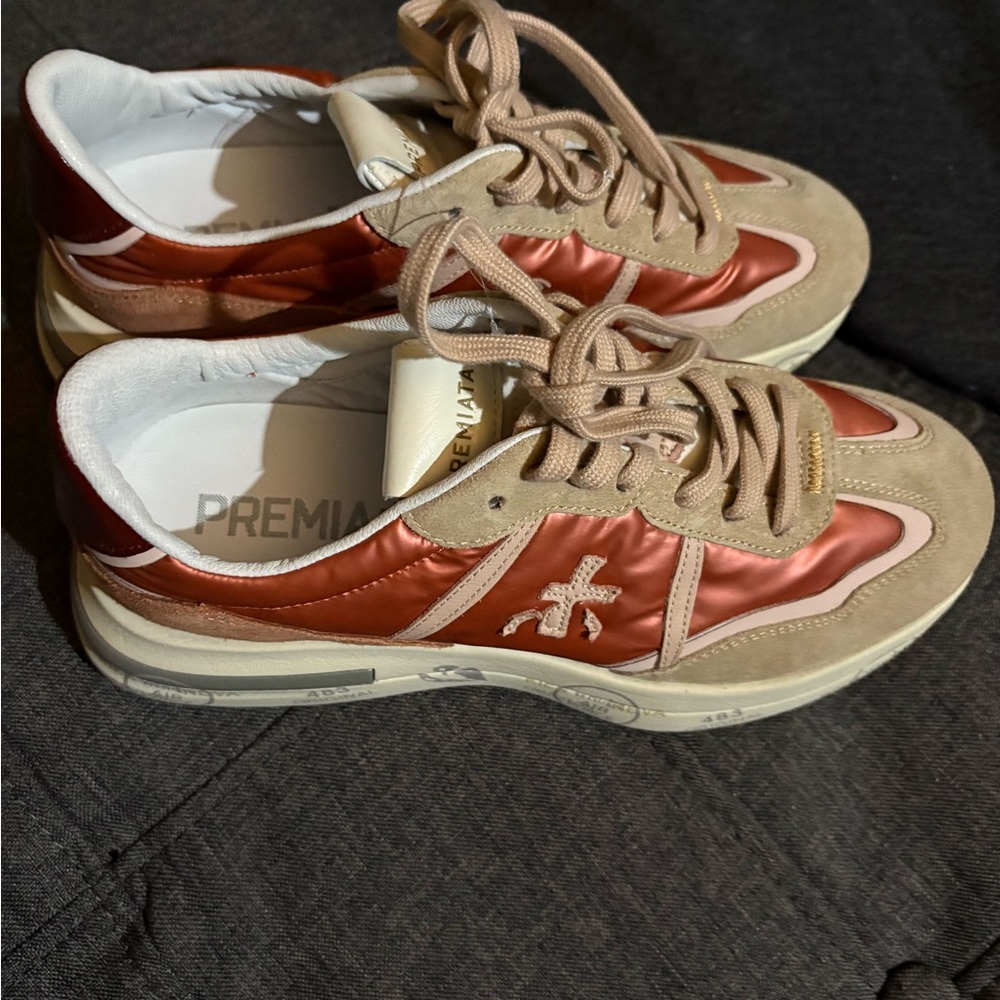 Premiata Red and Tan Retro Sneakers